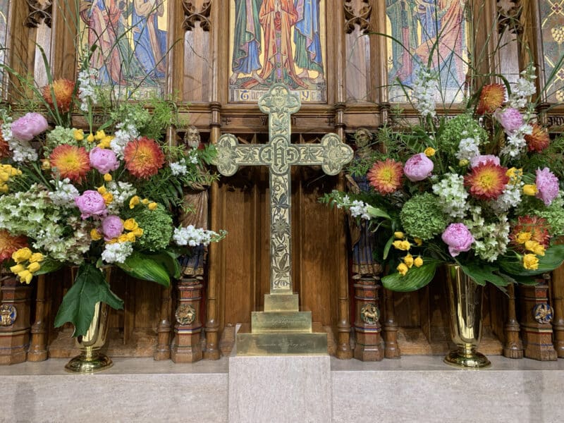 Flowers adorning church altar at St. Stephen's Church in Richmond, Virginia