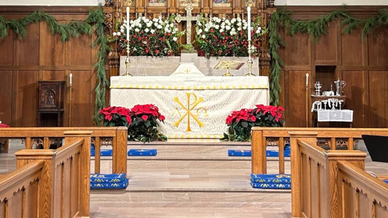 Holiday decorations and greenery inside the chapel of St. Stephen's Church in Richmond, Virginia